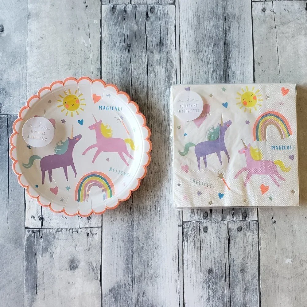 NWT Meri Meri Unicorn Rainbow Paper Plates Small (8) & Paper Napkins Large (16)